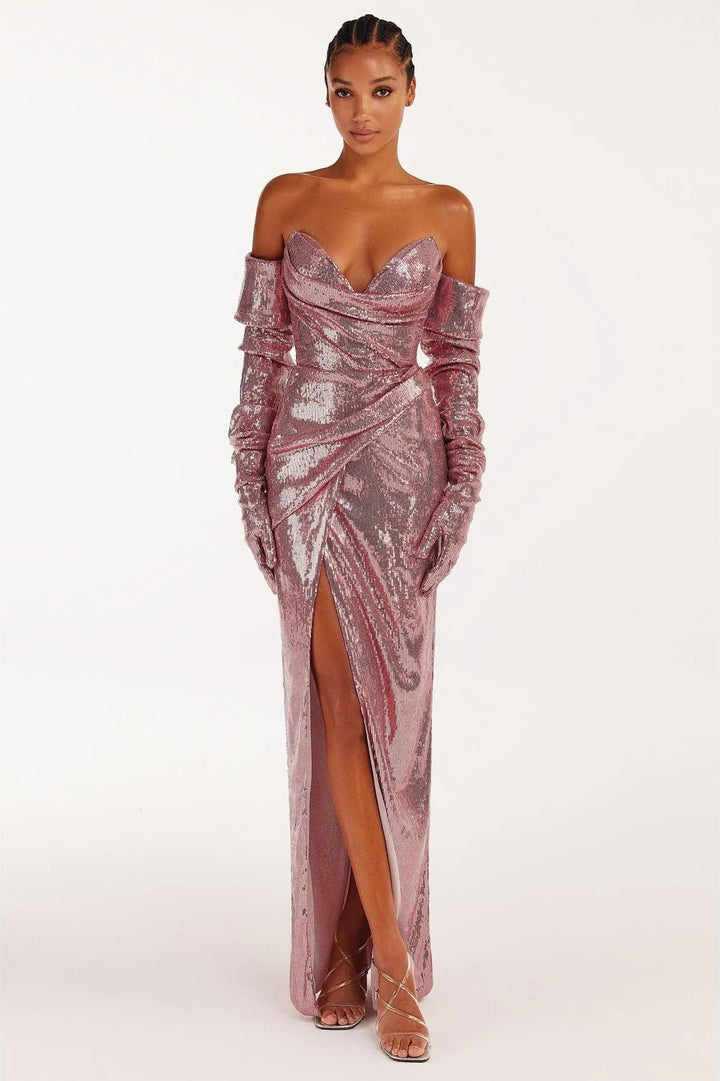 Sequin Sweetheart Neck Split Maxi Dress