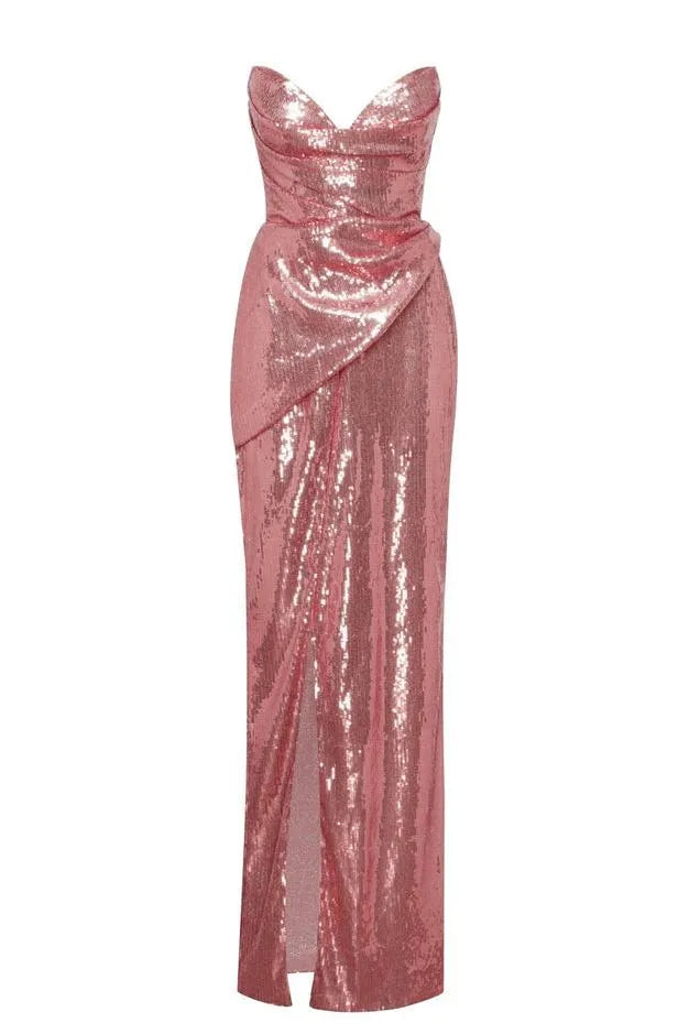 Sequin Sweetheart Neck Split Maxi Dress